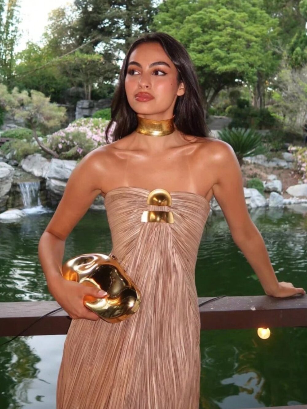 Champagne Metallic Pleated Strapless Maxi Gold Metal Formal Draped Dress